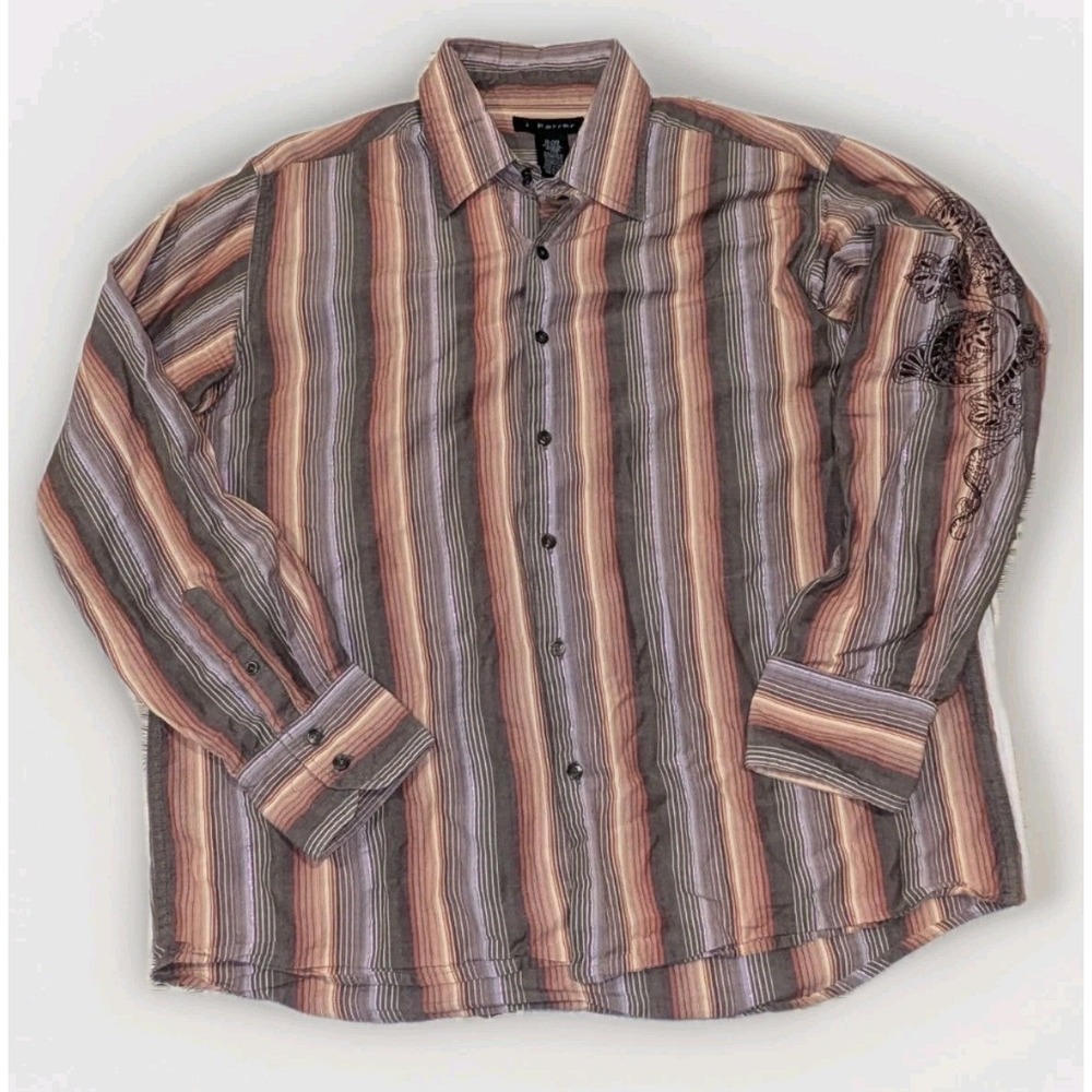 Y2K Grunge Western Stripe Embroidered Button Up Shirt XL Goth